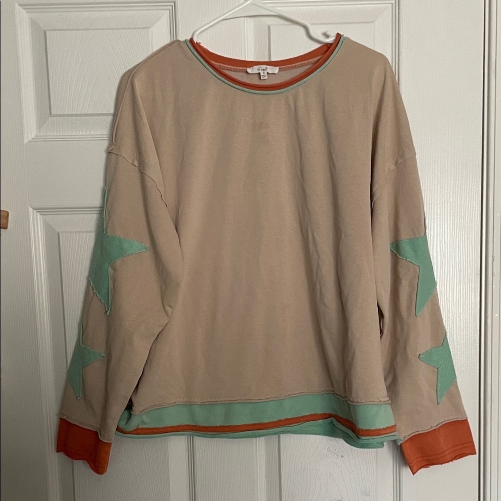 Easel Women’s Size Small Beige, Rust and Teal Trim Long Sleeve Top